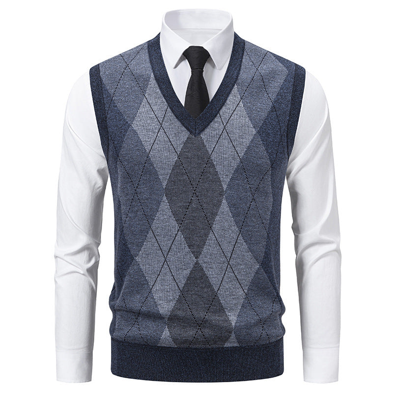 Street-wave Mens V Neck Argyle Sweater Cotton Knit For Smart Casual And Formal Wear