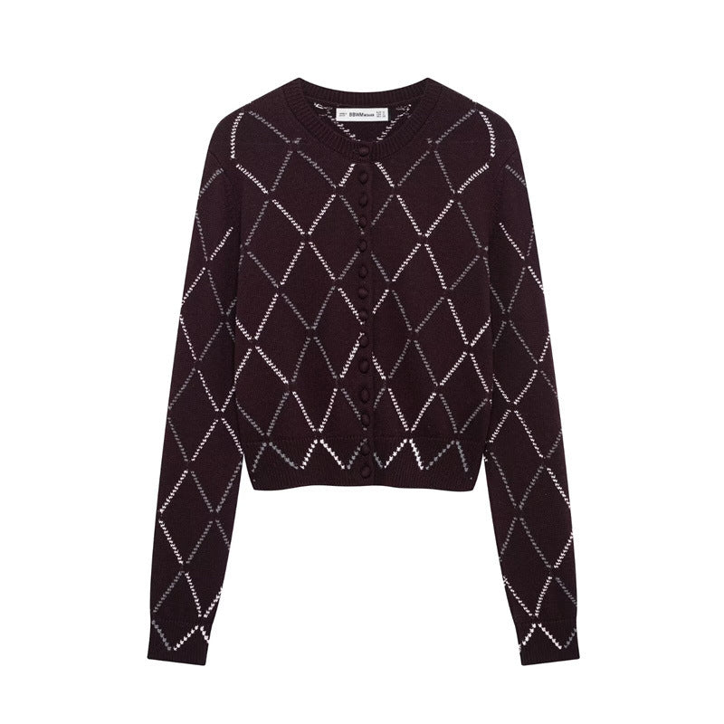 Street-Wave Women's Diamond Knit Cardigan With Elegant Lattice Pattern For Versatile Casual Or Dressy Looks