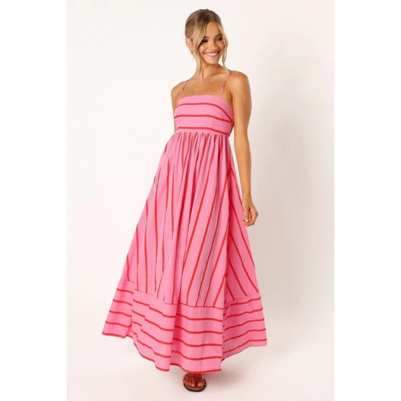 Street Wave Women Striped Maxi Dress With Elastic Waist For Elegant Breathable Comfort