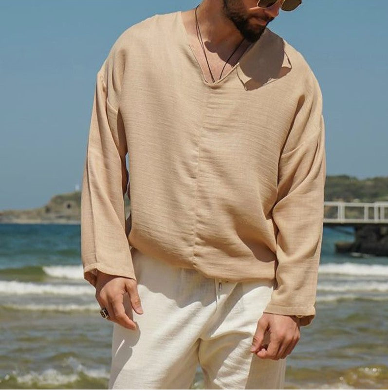 Men's Linen Shirt Relaxed Fit V Neck Long Sleeve Lightweight for Summer Beachwear