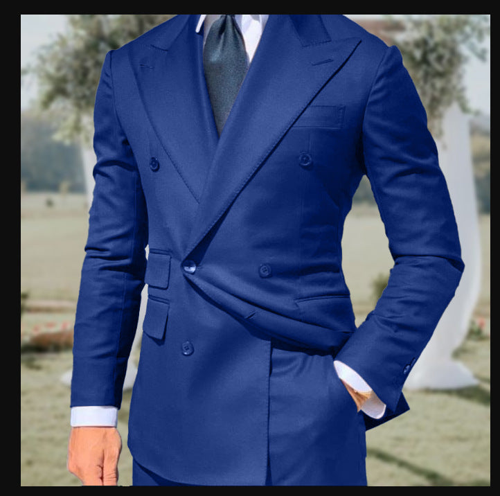 Street-Wave Mens Slim Fit Double Breasted Wool Blend Blazer Peak Lapel Formal