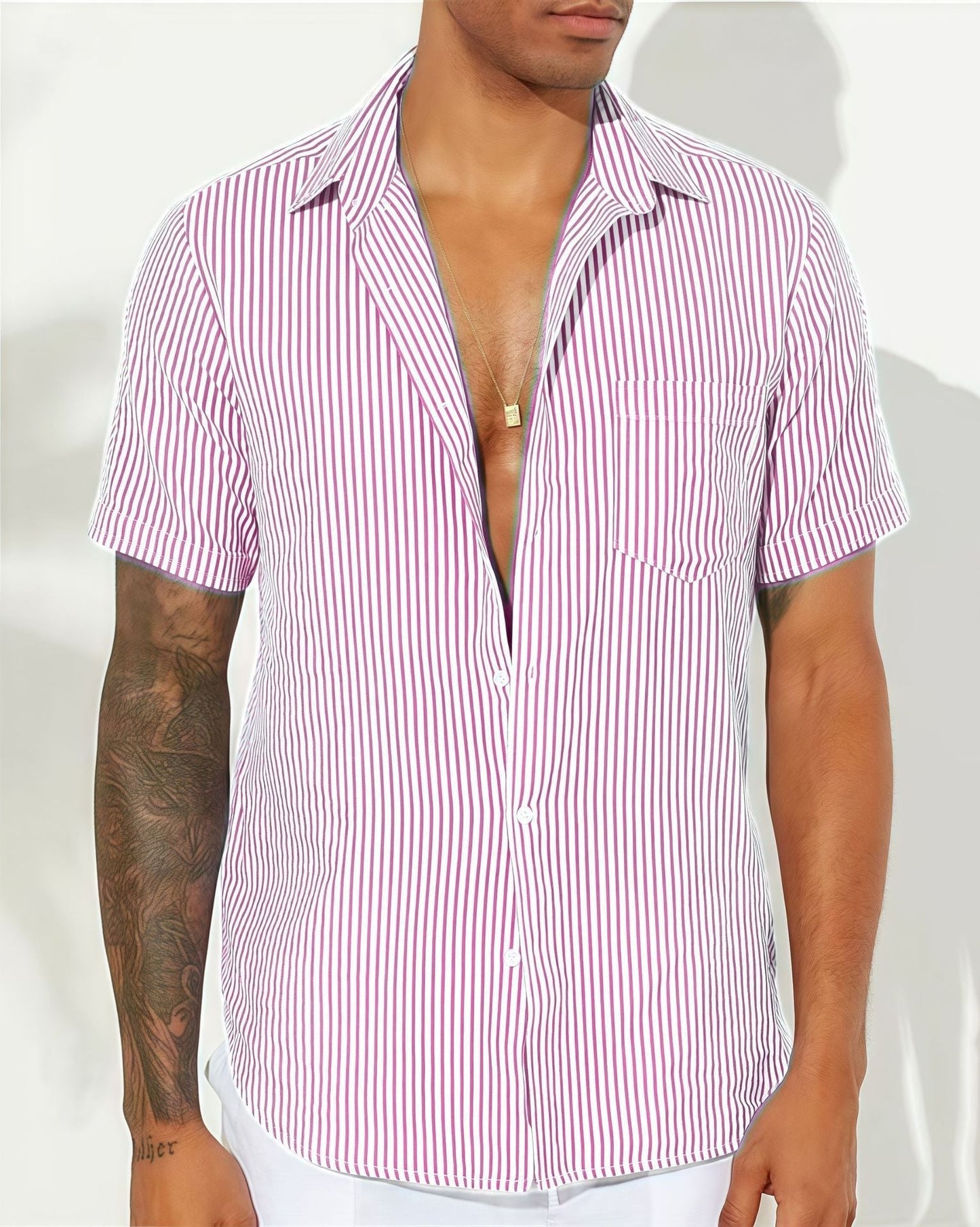 Nordic-Flair Men's Cotton Blend Striped Short Sleeve Shirt Relaxed Fit Everyday Casual