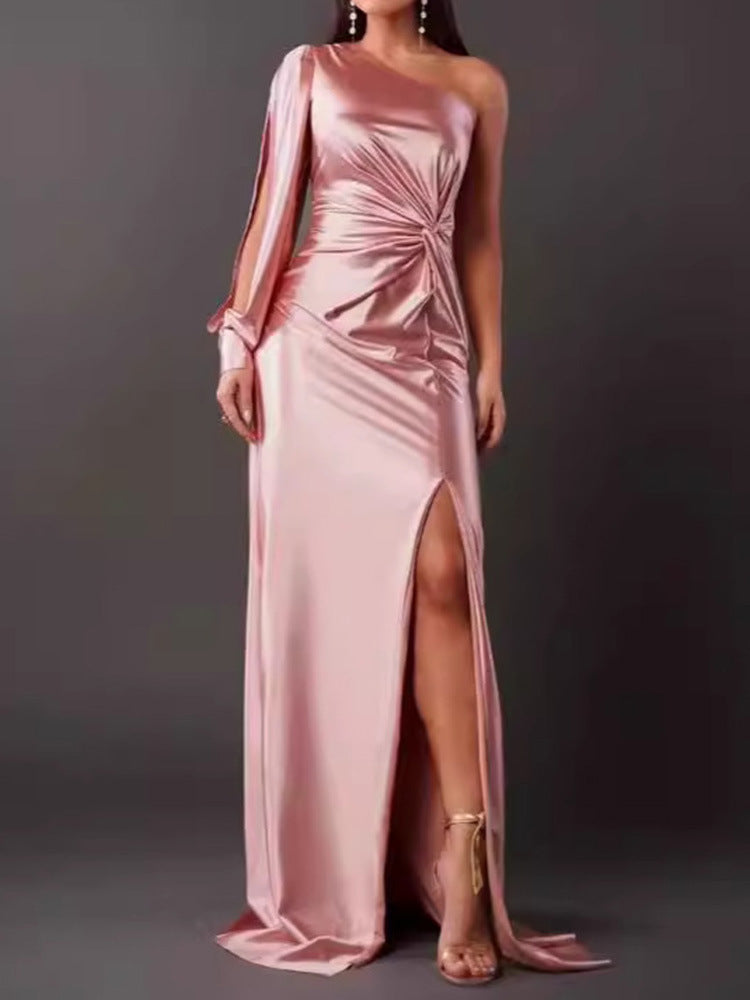 Street-wave Glamorous Navy Satin Evening Dress With Asymmetrical Neckline, Ruched Pleats, High Slit For Women