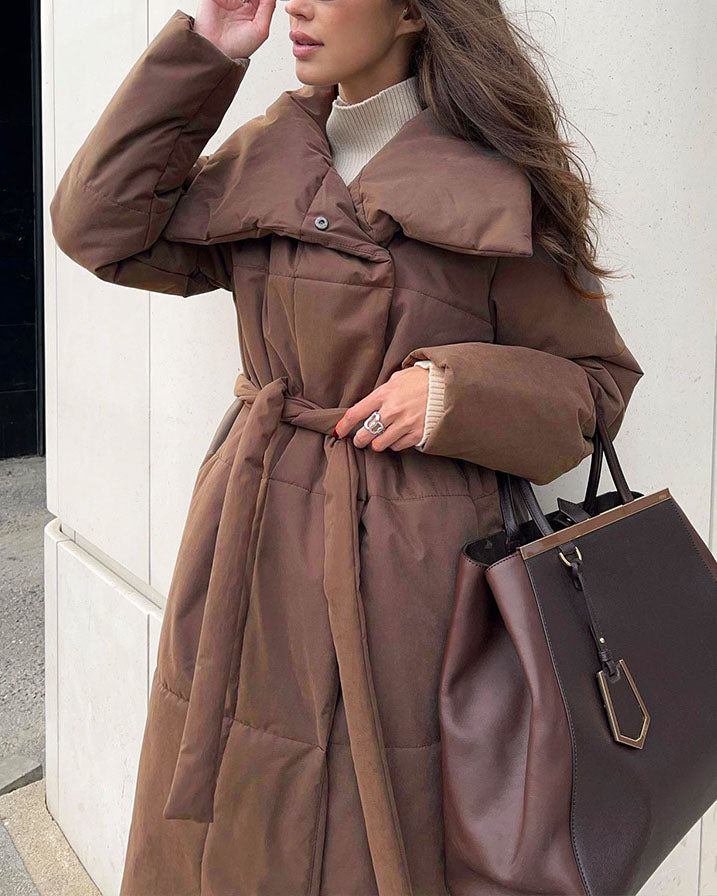 Street-Wave Long Cotton Coat With Large Lapel Belted Waist And Quilted Warmth For Women