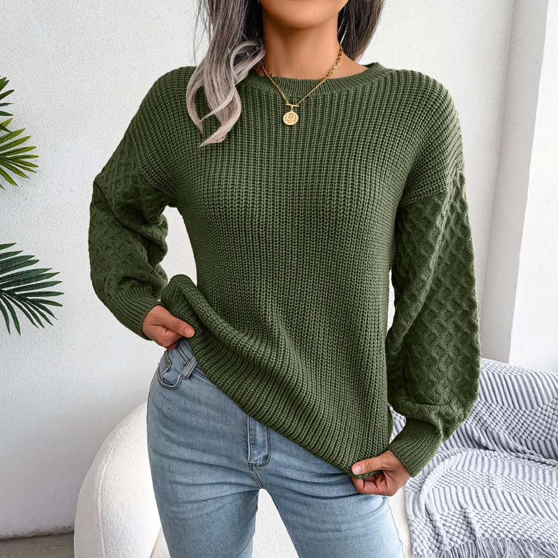 Street-wave Solid Knit Sweater With Balloon Sleeves For Women Cotton Acrylic Blend Cozy Warmth