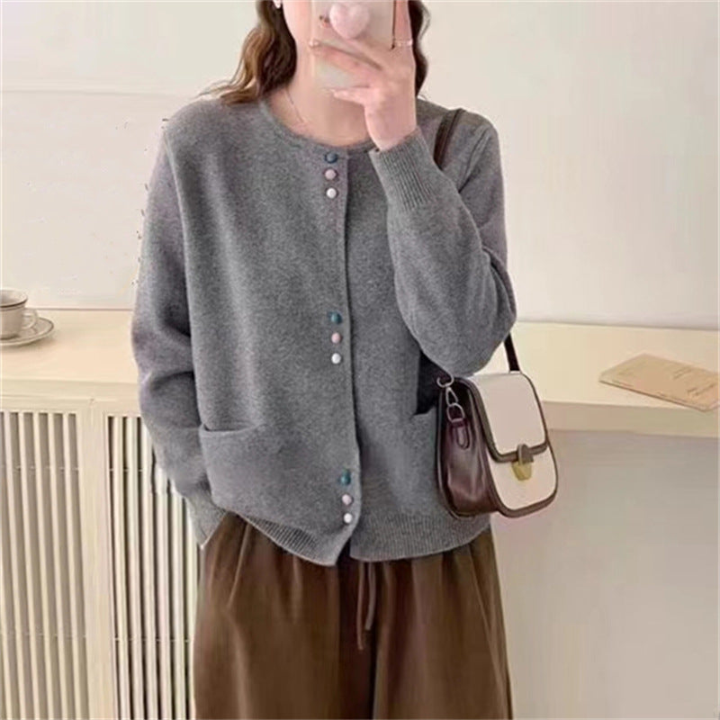 Street-wave Women's Cozy Cardigan With Soft Knit Colorful Buttons And Practical Pockets