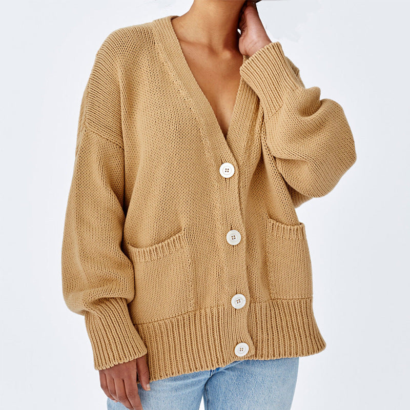 Street-wave Women's Oversized Cardigan With Pockets and V-Neck Soft Cotton Blend Comfort