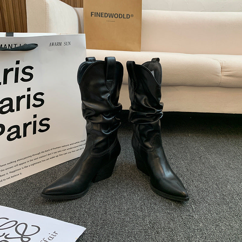 Street Wave Women Western Boots With Elegant Ruched Detailing And Block Heel For All Day Comfort