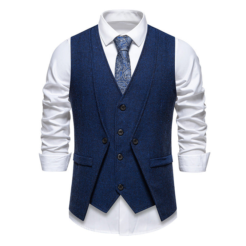 Street-Wave Herringbone Waistcoat For Men With Pockets Elegant Suit Vest For Formal Events
