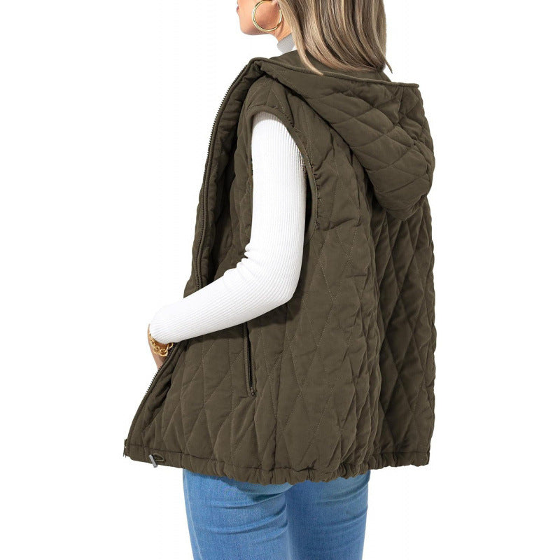 Street-Wave Women Quilted Hooded Vest With Side Zip Pockets Cozy Versatile Outerwear