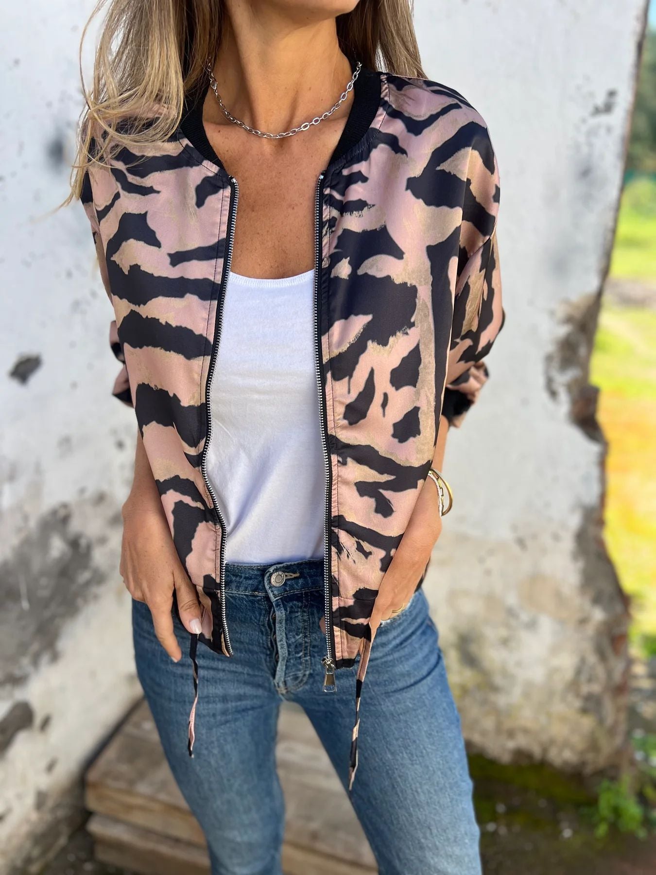 Street-wave Women Bomber Jacket With Trendy Animal Print Sporty Chic Outerwear Essential
