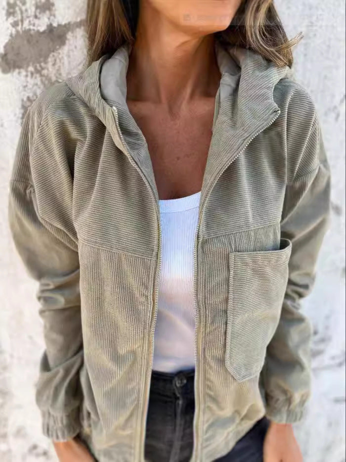 Streetwave Corduroy Hoodie Jacket With Zipper Relaxed Fit Casual Streetwear For Women