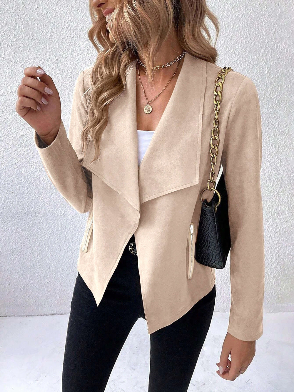 Street-Wave Cropped Suede Jacket For Women Long Sleeve Versatile Must-Have Chic Outerwear
