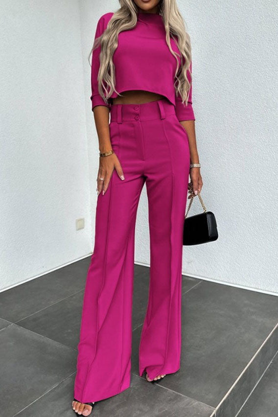 Street-Wave Cropped Sleeve Top And Wide Leg Pants Set For Modern Professionals Sleek Versatile Comfort