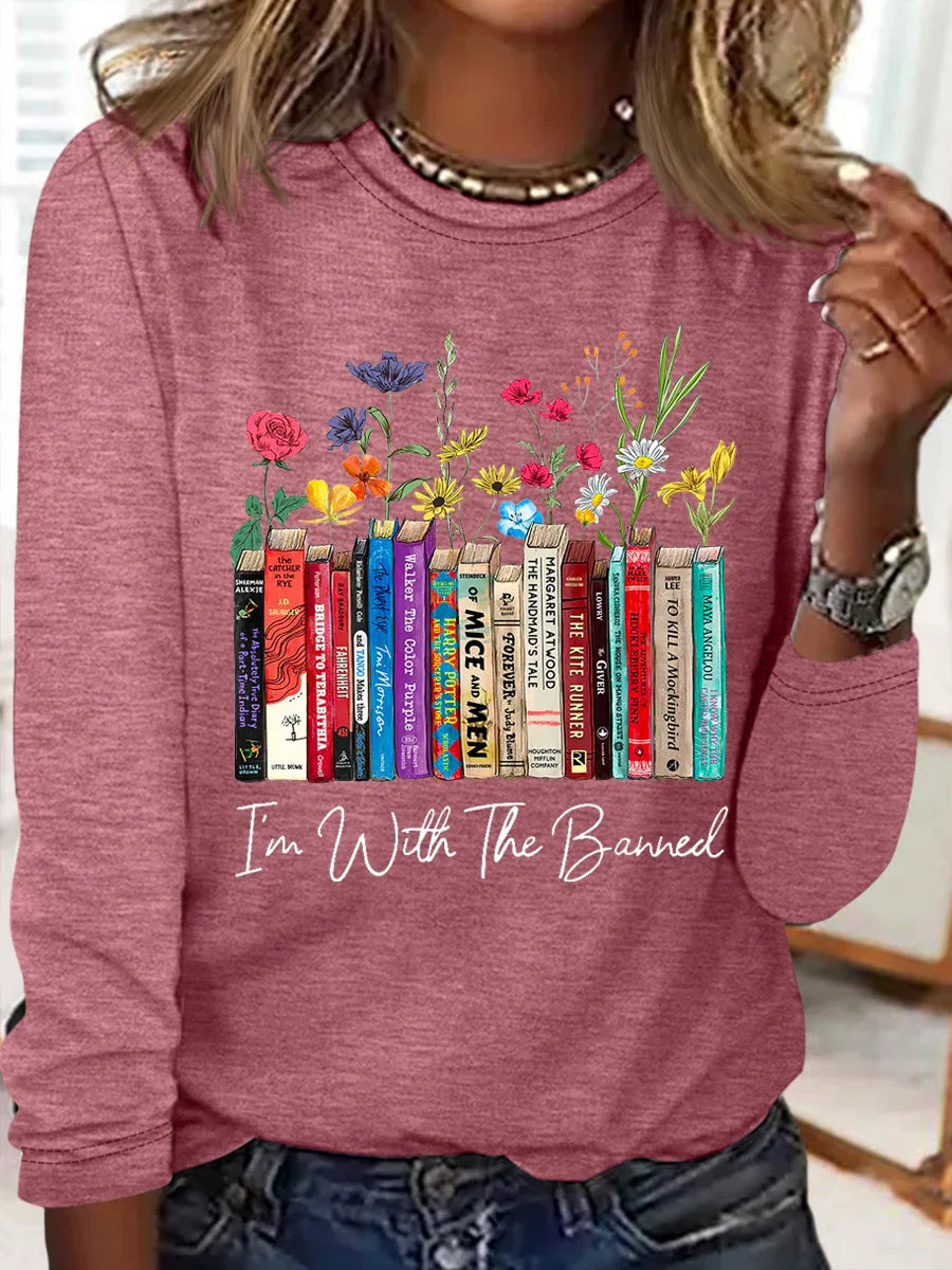 Streetwave Womens Long Sleeve Shirt With Books And Flowers Print For Book Lovers Soft Comfort