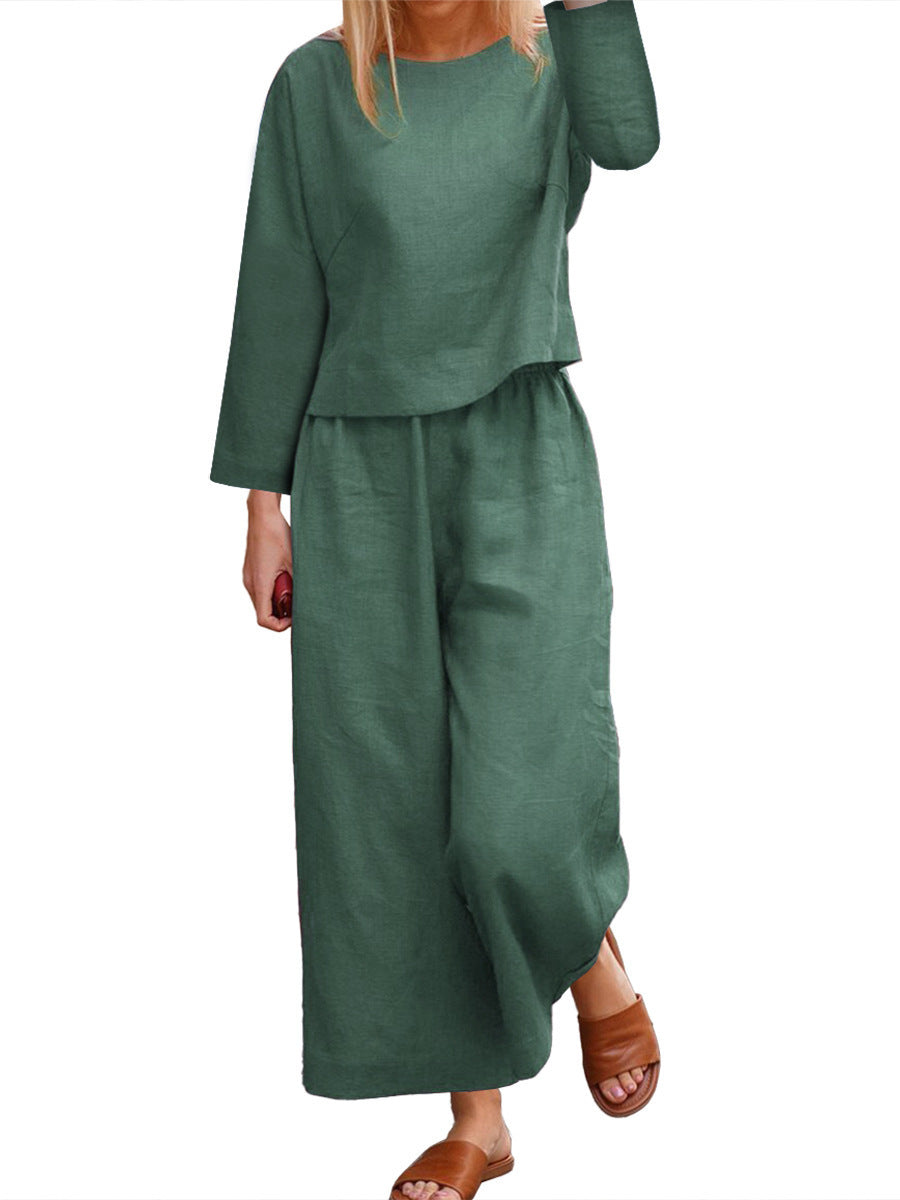 Streetwave Linen Lounge Set For Women With Long Sleeve Top And Wide Leg Pants Relaxed Fit Comfort