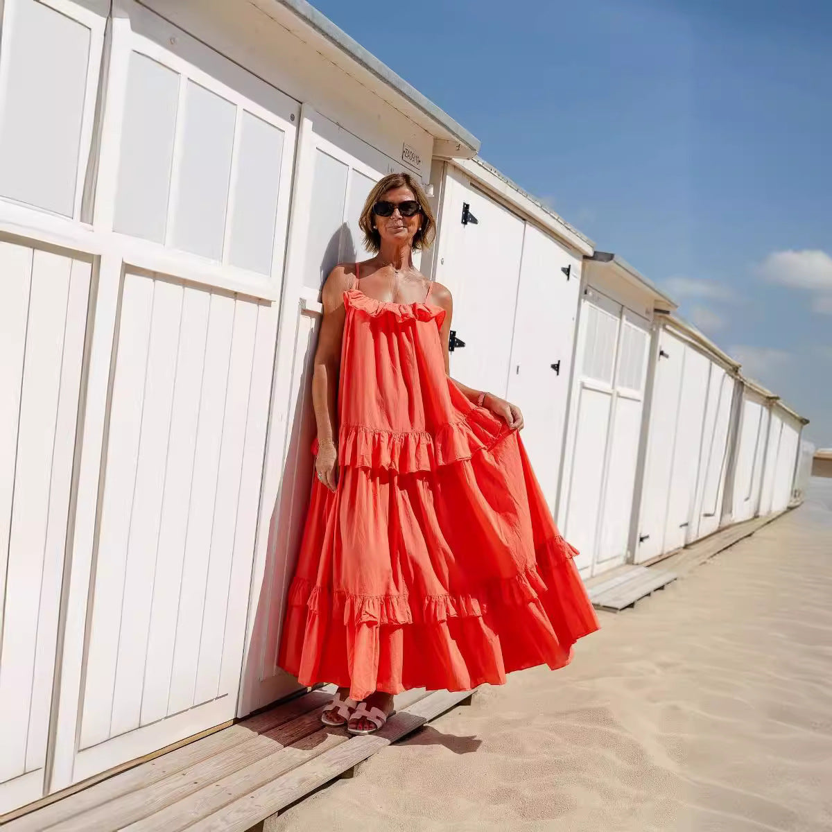 Street Wave Womens Maxi Dress Flowy Tiered Cotton Blend Ruffle Neckline