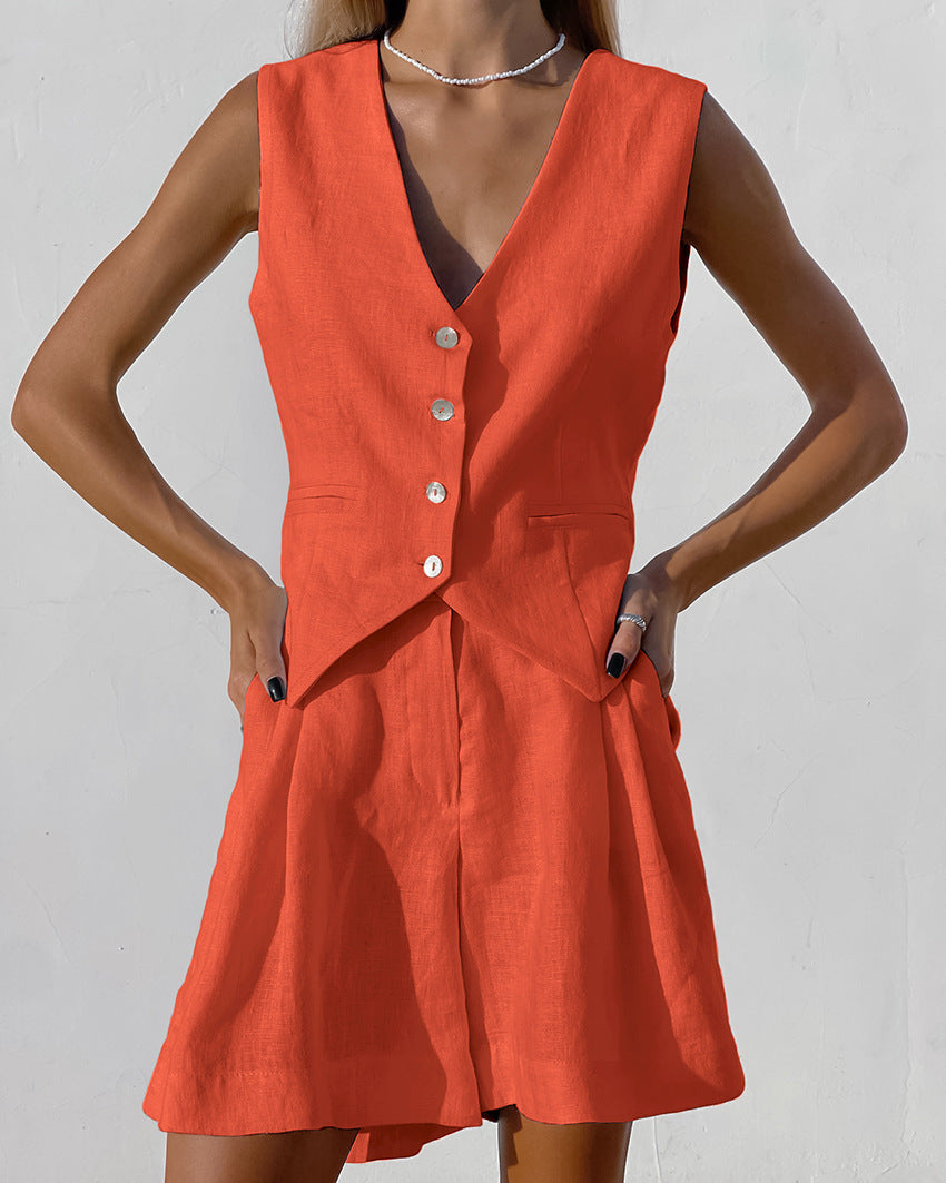 Street-wave Linen Vest and Shorts Set for Women, Breathable Cotton-Linen Blend, Versatile Office Chic