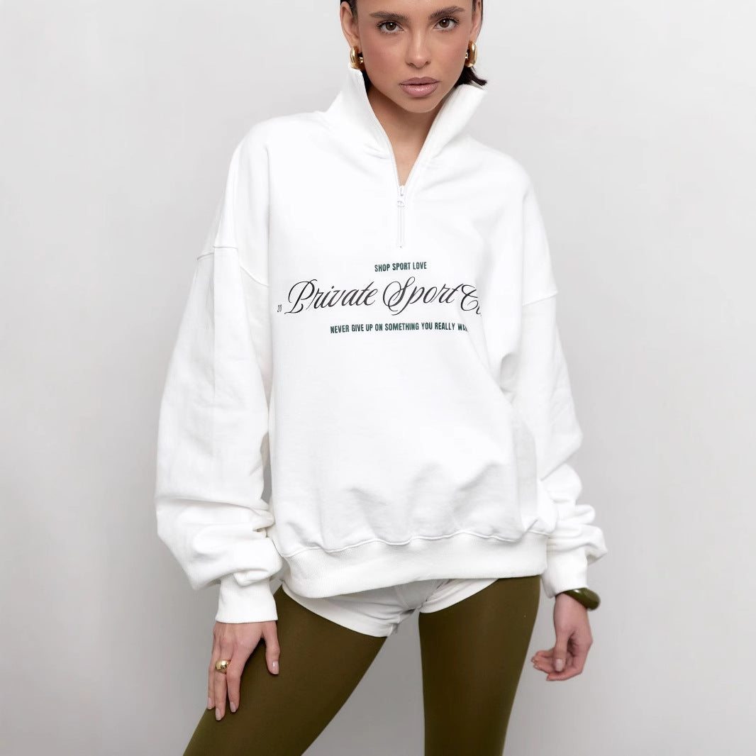 Street-wave Women Oversized Half Zip Sweatshirt With Letter Print Cotton Blend Casual