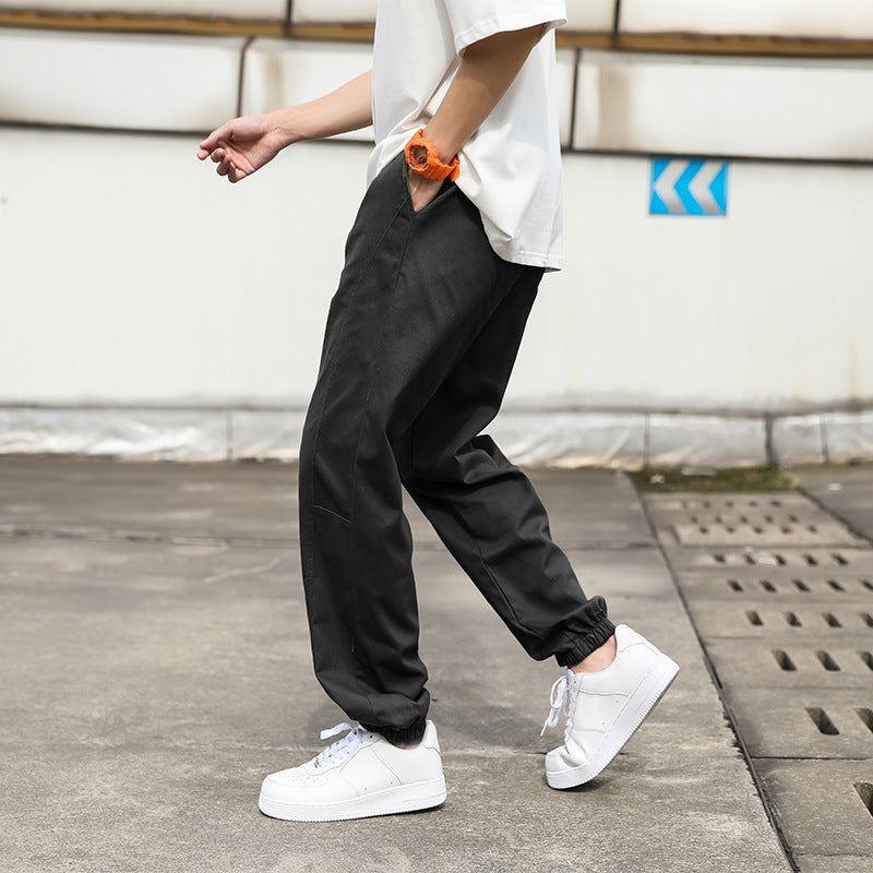 Street-wave Men's Cargo Pants With Elastic Waistband And Side Pockets Breathable Cotton Blend