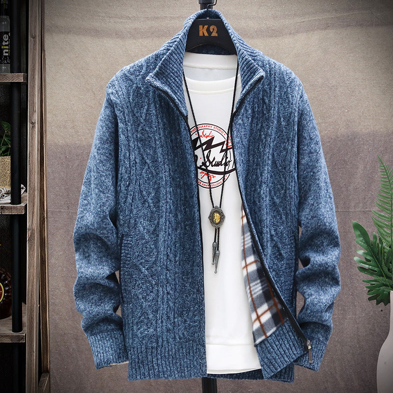 Streetwave Men's Knit Cardigan With Faux Leather Details And High Collar For Cozy Cold Weather