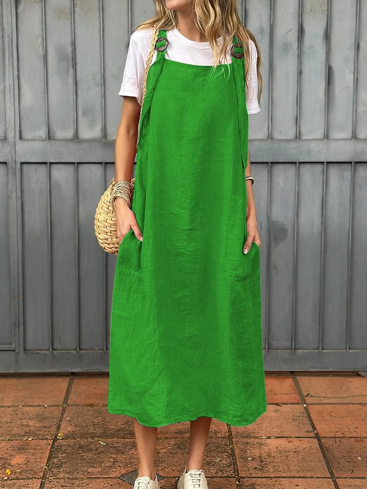 Streetwave Linen Strap Dress With Two Front Pockets For Women Breathable Casual Midi Summer
