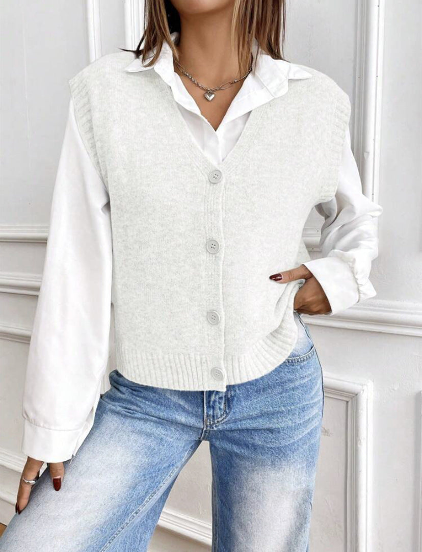 Street-wave Womens Knit Vest V Neck Button Front For Everyday Women Stylish Layering Top