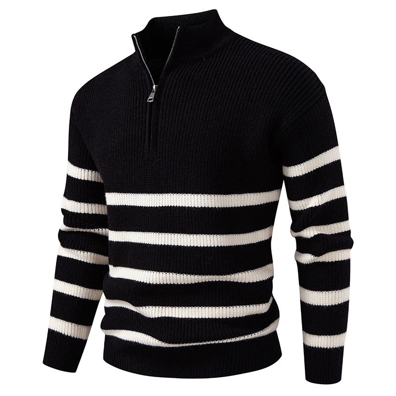 Street-wave Men Knit Sweater Half Zip Stripe Design Premium Cotton Blend For Everyday Comfort