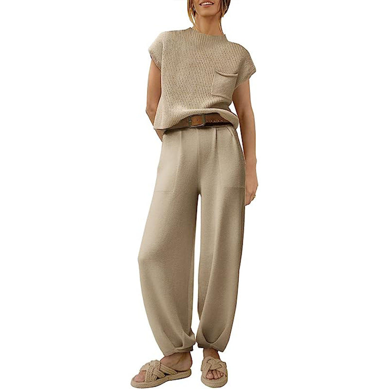 Street Wave Women's Knit Set Cropped Top Chest Pocket High Waist Wide Pants