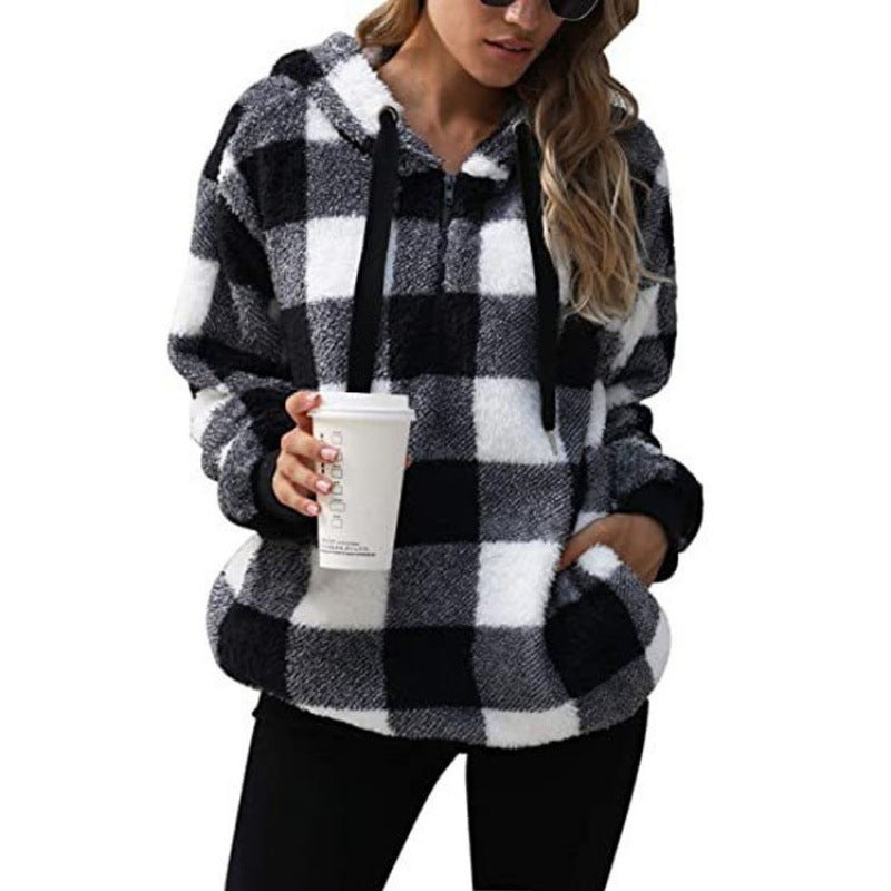 Street-wave Cozy Fleece Hoodie for Women Pink Plaid Warmth and Soft Comfort Everyday Wear