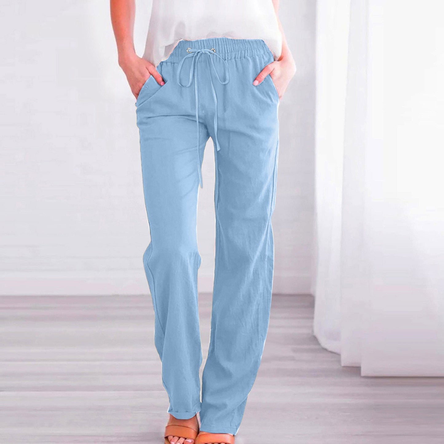 Streetwave Women's Linen Pants With Elastic Waistband And Pockets For All Day Comfort