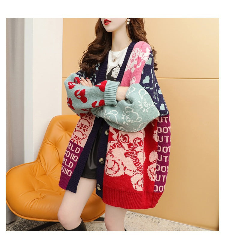 Women Cardigan Street Wave With Bold Motif And Button Details For Fashion Forward Ladies