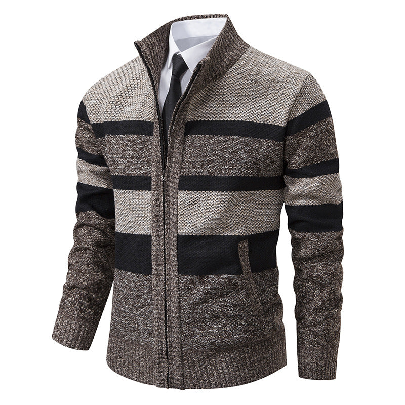 Mens Cardigan With Stand Collar Streetwave Modern Stripe Pattern For Men Stylish Versatile Warm Knitwear