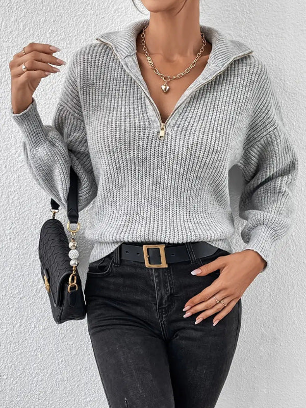 Street-Wave Women High Neck Zip Sweater Cozy Breathable Knit Pullover For Everyday Style
