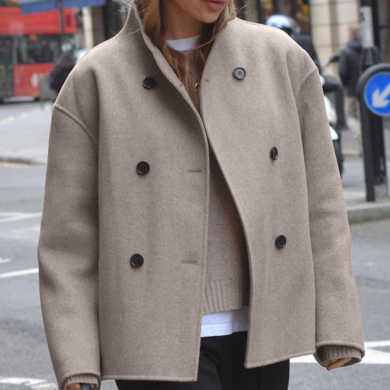 Street Wave Womens Wool Jacket With Double Button Placket Loose Fit Premium Wool Blend