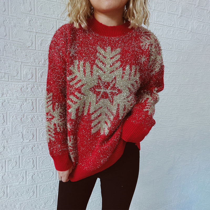 Street Wave Christmas Jacquard Knit Sweater With Festive Snowflake Motif Cozy Cotton Acrylic Pullover For Women