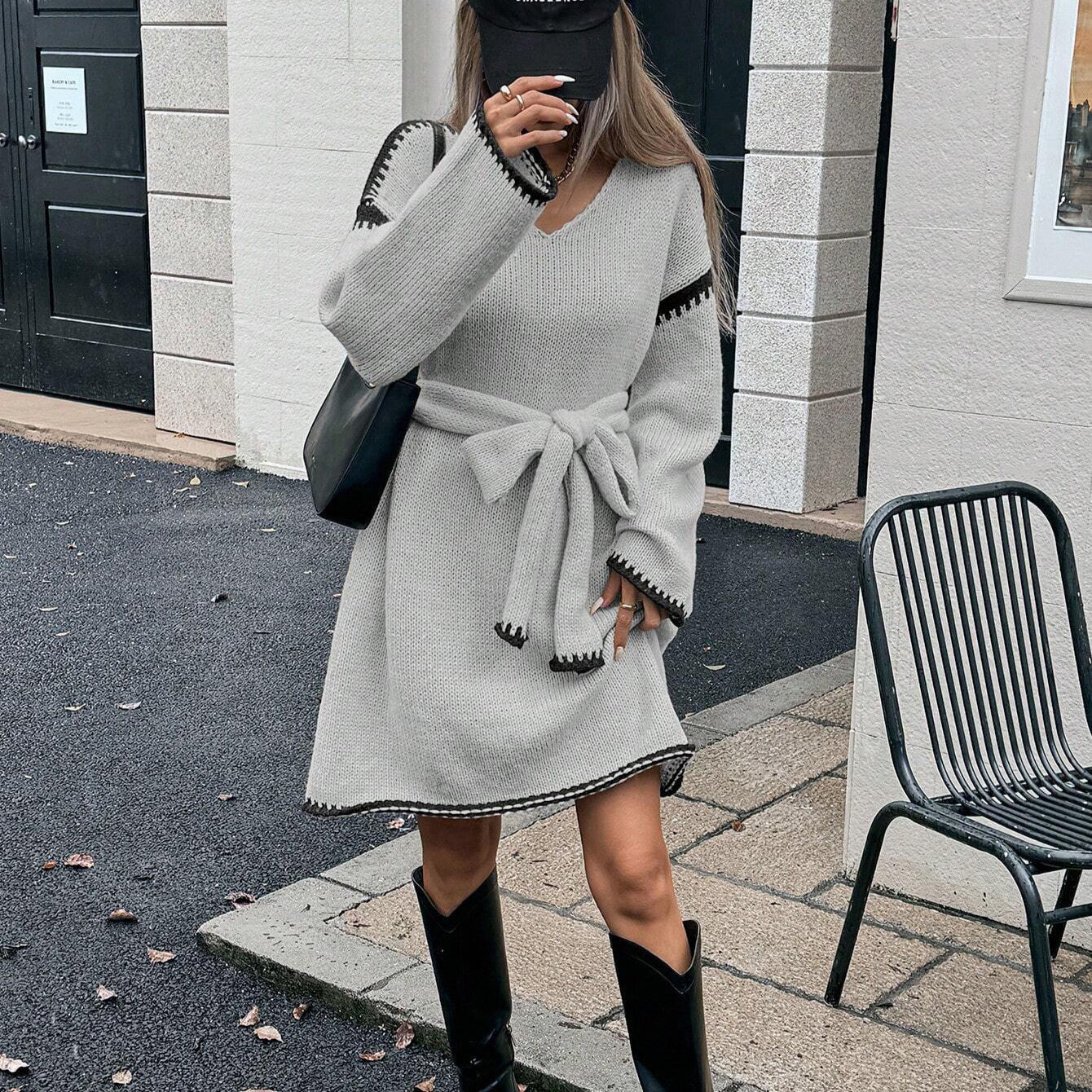Street-Wave Knit Dress With Belt And V-Neck For Women Flattering Silhouette Cozy Elegant
