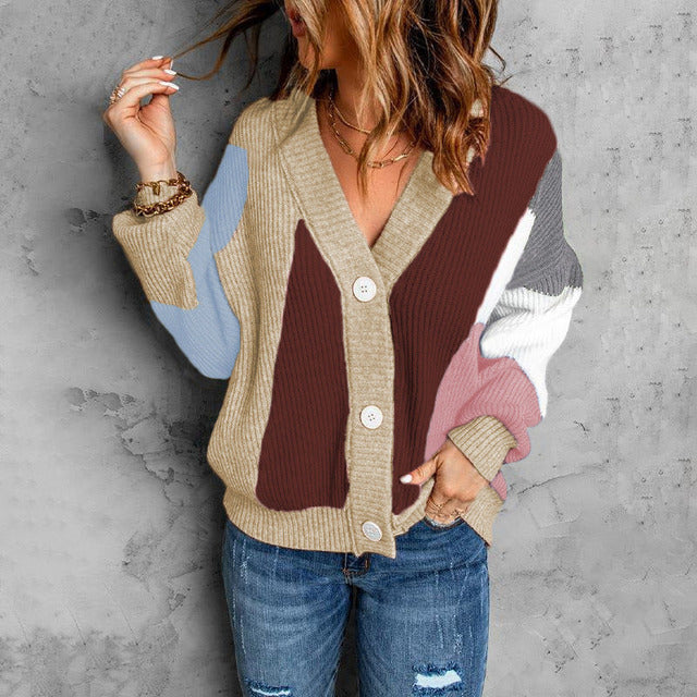 Street-wave Color Block Cardigan With V-Neck For Women Soft Cozy And Statement Making