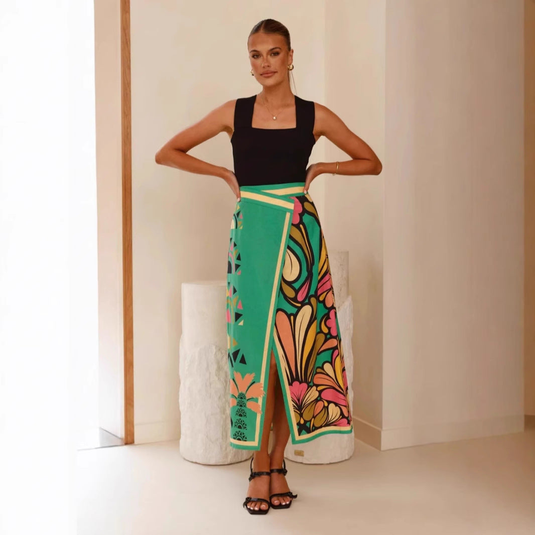 Street Wave Womens Slim Fit Midi Skirt High Waist Front Slit Abstract Print