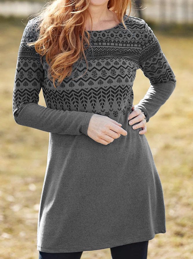 Women’s Long Sleeve Dress – Brushed Fabric – Relaxed Fit – Ethnic Print – Round Neck