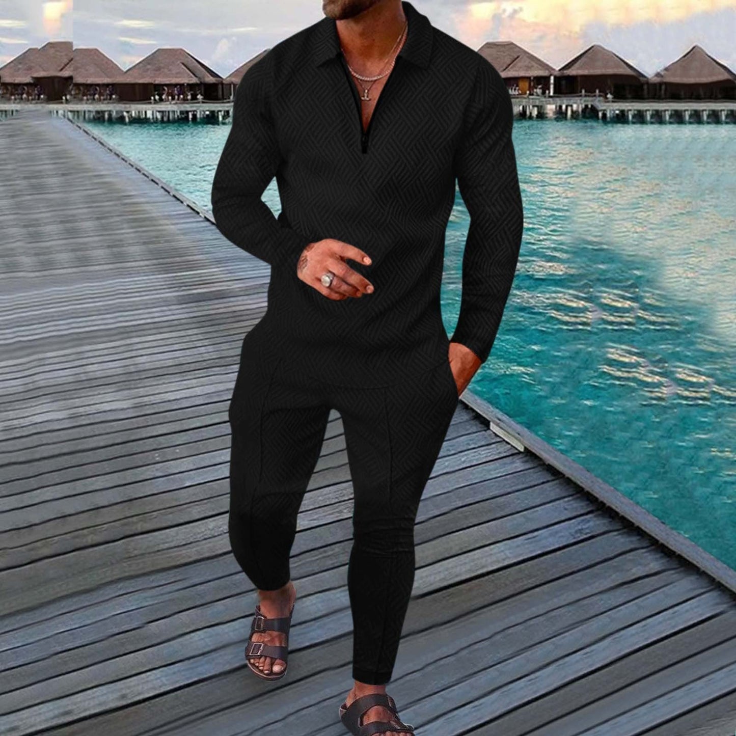 Men's Two Piece Slim Fit Sports Leisure Suit With Breathable 3D Print Long Sleeve Polo By Street-Wave