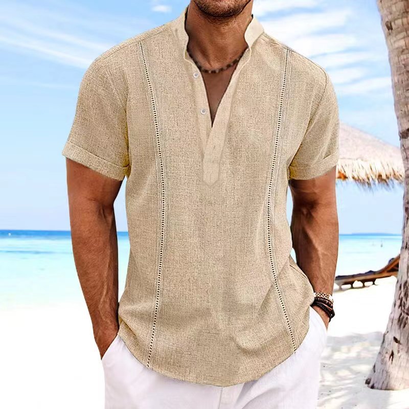 Street-Wave Mens Linen Short Sleeve Shirt Breathable Lightweight Casual Vacation Wear