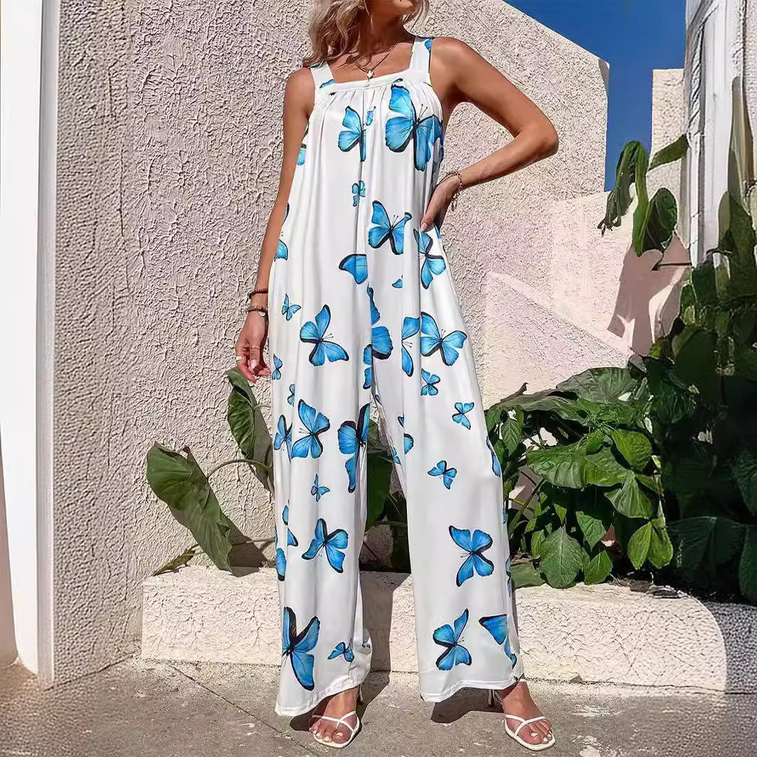 Street Wave Women Jumpsuit Loose Fit Wide Leg Lightweight Printed Strapless