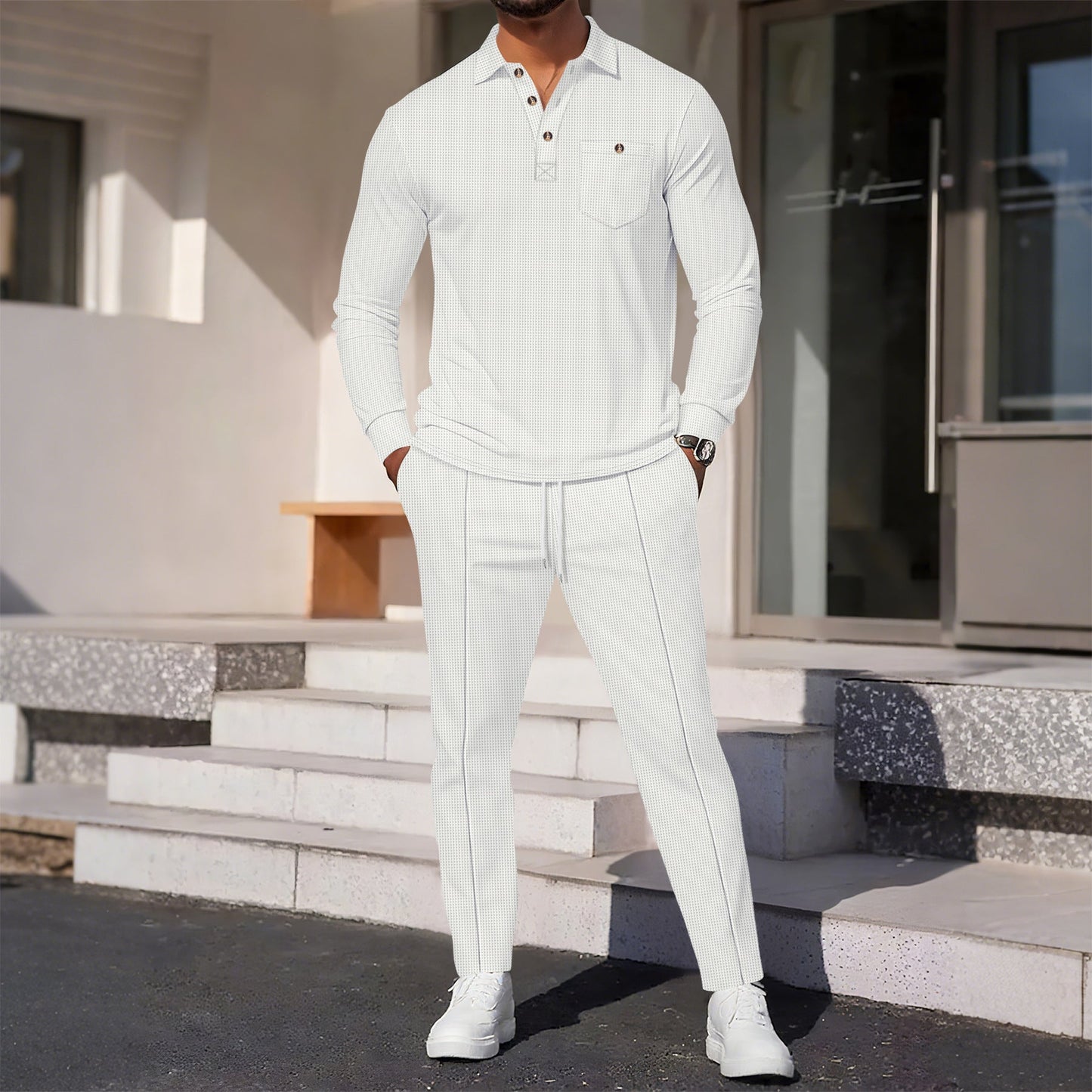 Street-Wave Men's Elegant Casual Suit With Textured Top And Comfortable Pants For Smart Casual