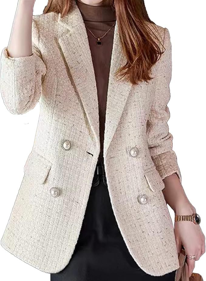 Street-wave Womens Tweed Blazer Double Breasted Chic Elegant Versatile For Office And Evening