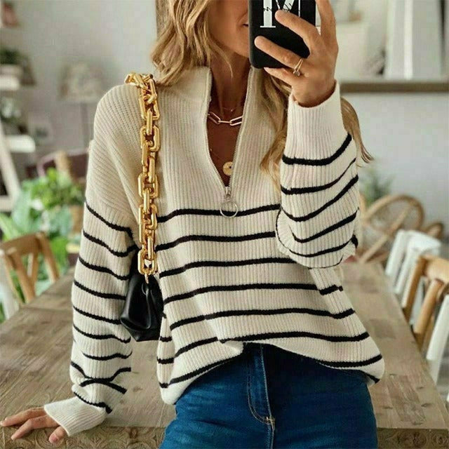 Street-wave Striped Knit Sweater With Lightweight Texture And Zip Detail For Women