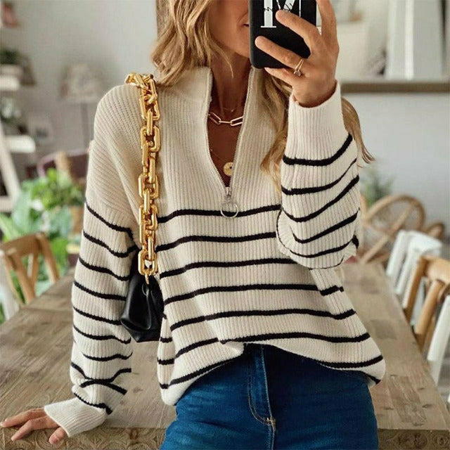 Street-Wave Striped Half-Zip Knit Pullover For Women Cozy Autumn Layering Essential