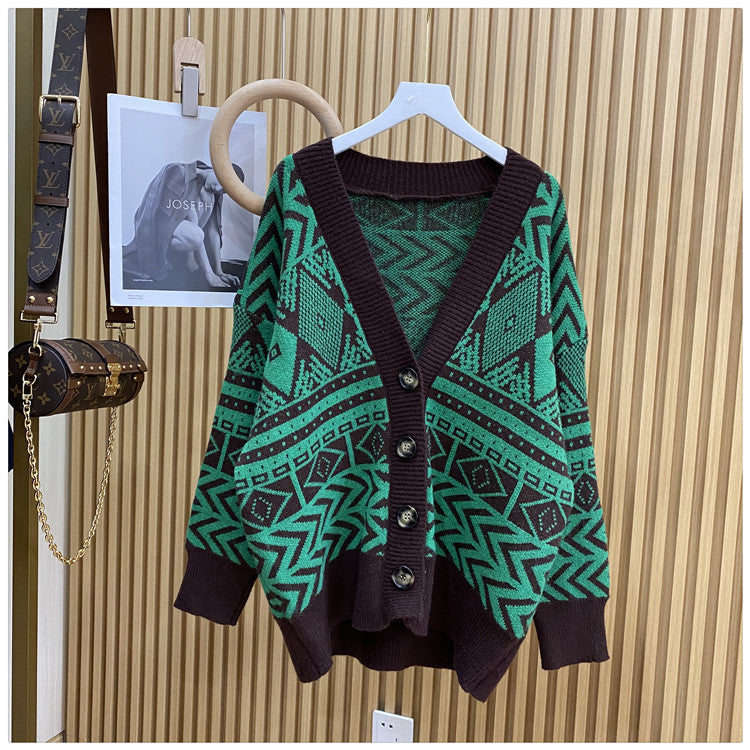 Streetwave Womens Oversized Cardigan With Geometric Pattern Soft Wool Cozy Warmth