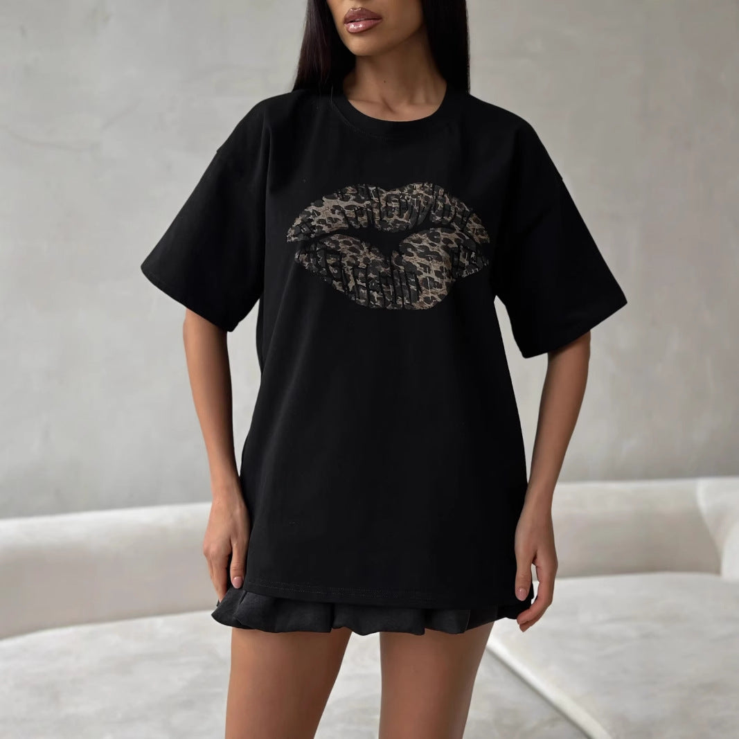 Women's T-shirt – Loose Fit – Cotton Blend – Leopard Lips Print – Short Sleeve
