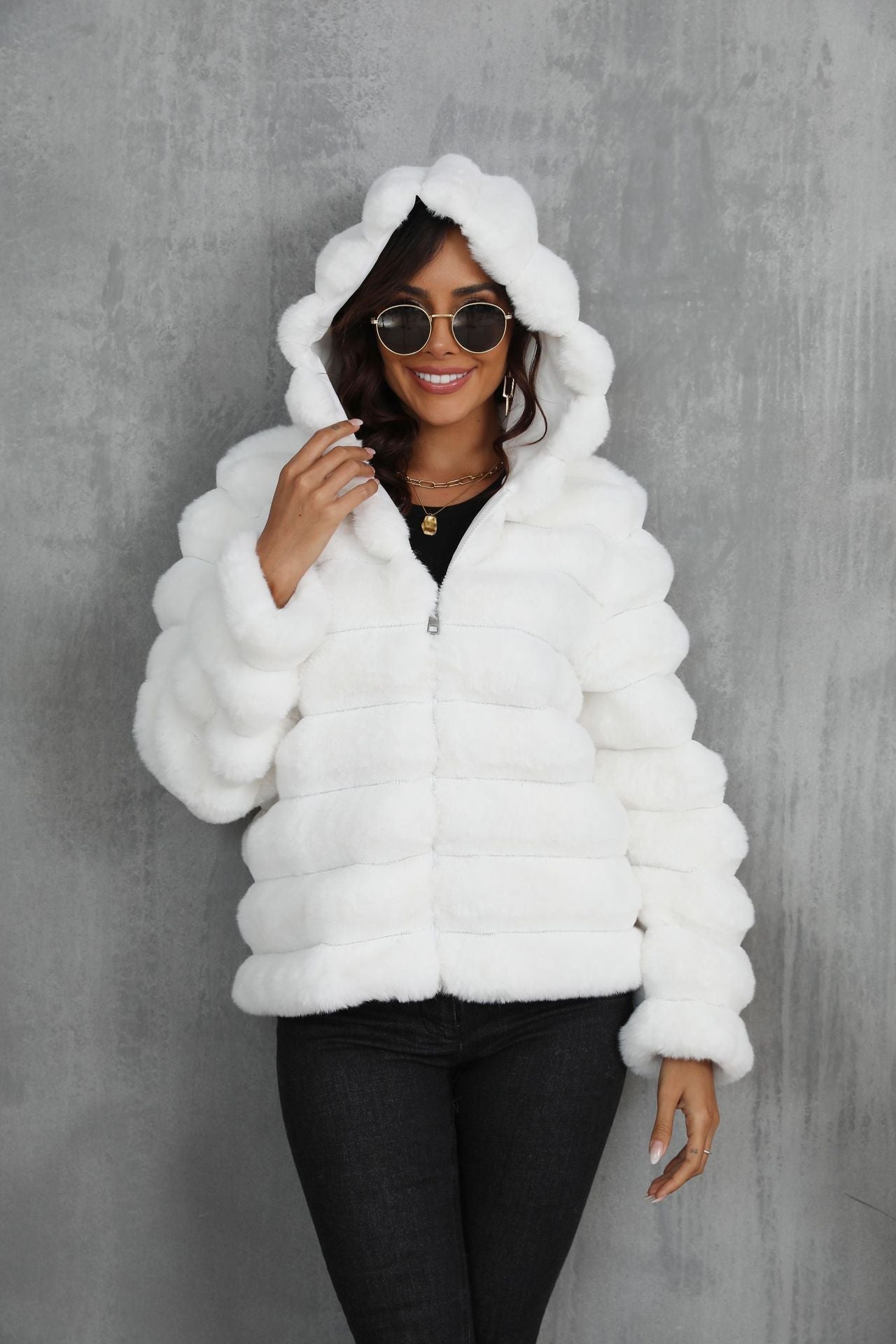 Streetwave Womens Faux Fur Hoodie Jacket With Structured Pattern For Cold Days Warm And Cozy